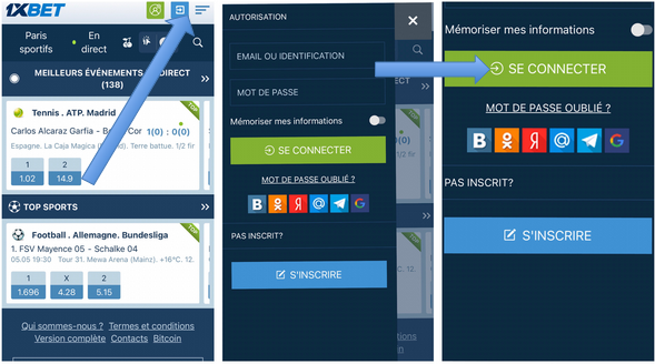 Processus de connexion sur 1xBet