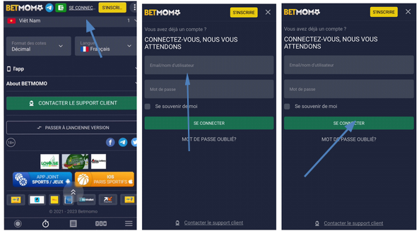 Processus de connexion sur Betmomo