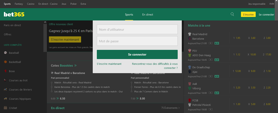 Image de la fenêtre de connexion sur Bet365