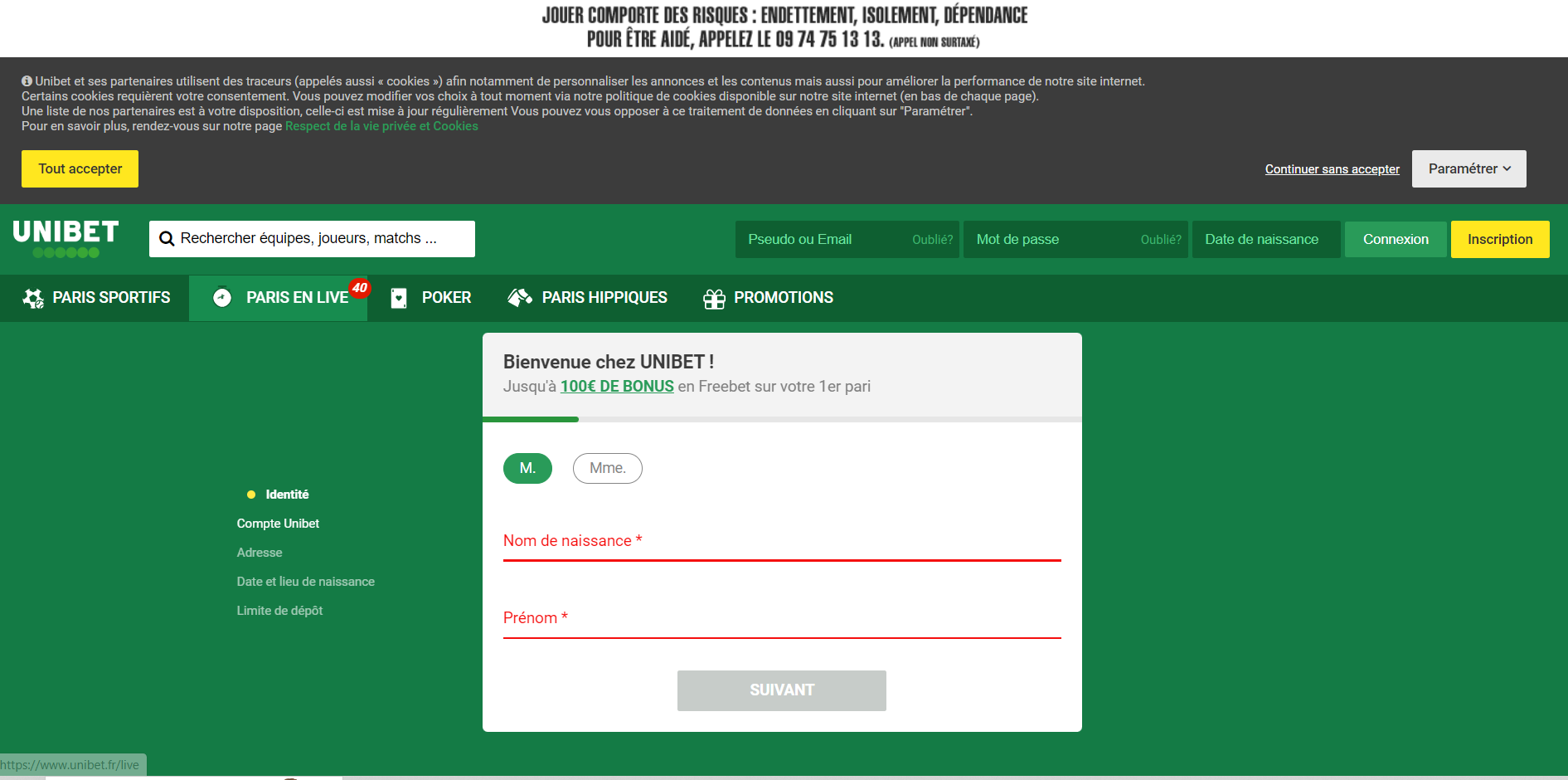 Inscription sur Unibet